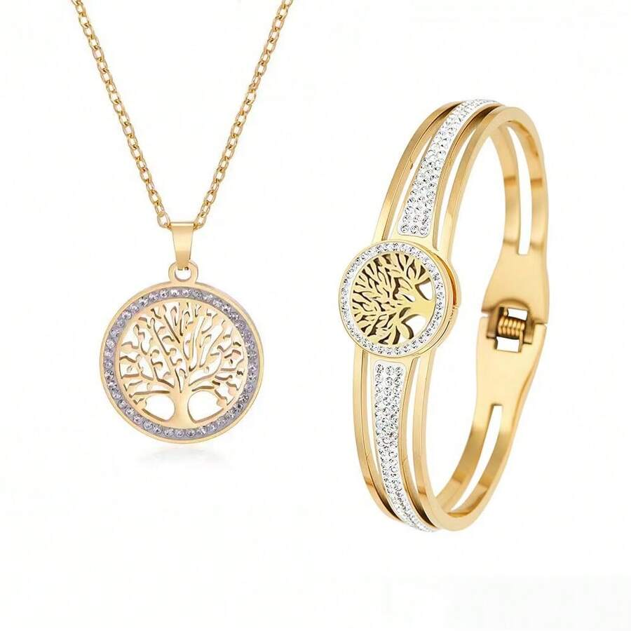 Set de 2 piezas de collar con colgante del árbol de la vida y pulsera para mujeres, joyería clásica y linda con decoración de acero inoxidable y rhinestones, adecuada para uso diario y fiestas