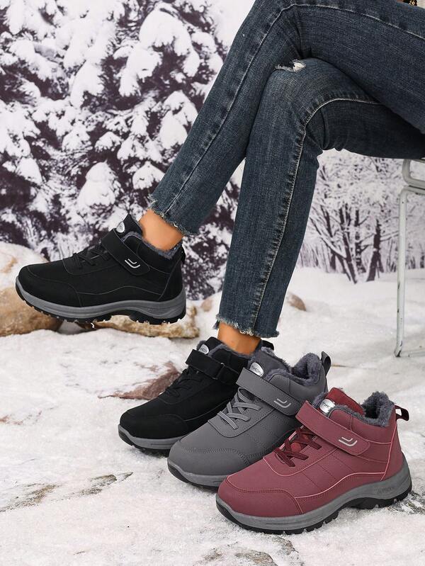 Women's Hook And Loop PU Upper Snow Boots, Outdoor Sports Solid Color Wedge Boots