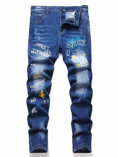 Teen Boy Casual Printed Denim Jeans, All Season