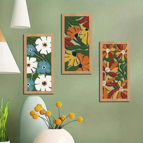 3 Stücke bohemian-artiger durchbrochener Holzschnitzerei Blumen Kunstwerk, moderne neutrale Wanddekoration, geeignet für Wohnzimmer, Schlafzimmer, Büros oder Esszimmer, rustikale Wanddekoration, Farmhaus-Stil Geschenk, Raumdekoration, dekorative Wandbehänge, Heimdekoration.
