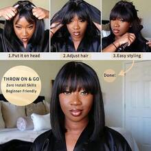 Short Straight Bob Wig For Women 2X4 Lace Wig Brazilian Remy Bob Wig With Bangs 150% Density Glueless Human Hair Wigs For Daily And Special Occasions Black Color 8-14 Inch