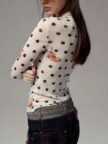 1 件波尔卡圆点全身动物印花涤纶透明 T 恤，适合居家、街头、春秋季休闲穿着 - 白色 - 查看 2