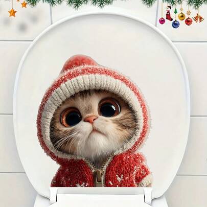 Pegatinas de PVC con diseño de gato lindo con gorro de Navidad de punto para decoración navideña del hogar, fácil de pegar sin dejar residuos, removible y autoadhesivo para baño, puertas de vidrio y interruptores de luz, diseño festivo de gato de ojos grandes y forma asimétrica para un ajuste perfecto, pegatinas de PVC estilo de dibujos animados para decoración navideña de ventanas