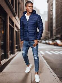 Men's Hooded Quilted Jacket, A Lightweight Transitional Jacket With A Zip-Up Fit, Practical Pockets And Elastic Trim, A Stylish Jacket For Everyday And Urban Style - Navy Blue - View 2