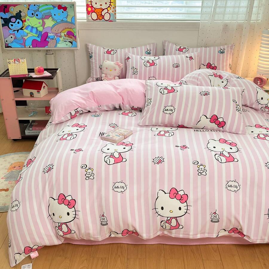 Juego de ropa de cama de 3 piezas con estampado lindo de Sanrio - Hello Kitty (1 funda nórdica + 2 fundas de almohada, sin relleno) tamaño completo, suave y cómodo, adecuado para dormitorio, hogar, hotel, todas las estaciones, con cierre de cremallera y funda de almohada, multicolor, ropa de cama extra grande, juego de funda nórdica extra grande