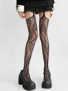 1 Pair Women's Sexy Dark Gothic Spider Web Jacquard Fishnet Pantyhose, Suitable For Halloween - 黑色 - 查看 2