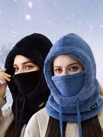 1pc Winter Warm Fleece Balaclava - Lightweight & Warm, Suitable For Cycling, Skiing, Outdoor Sports, Elastic Drawstring Design, Solid Color Hooded, With Fleece Windproof Ear Covers, Unisex Winter Hat, Polyester Knitted Full Head & Neck Warmer