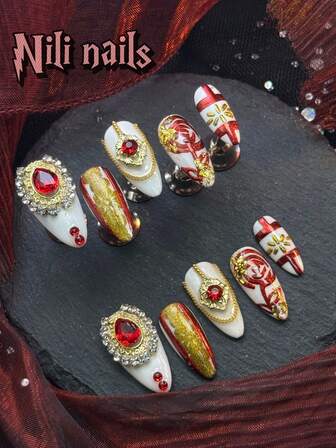 10pcs/Set Handmade Almond Y2K Baddie Style Press On Nails, White&Red Gold Rose Chrome Tie Dye Press On Nails Fake Nails 3D Jewelry& Rose&Love Match With Mirror Designs Glossy Glue On Acrylic Nails FullCover False Nails For Womenhnlged Occasions Daily Wear Great Gift ForWomen And Girls,With 1 Jelly Pad And 1 Nail File