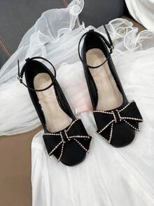 Cute Black High Heels For Teens, Square Toe With Bow & Rhinestone Decor, Elegant For Outdoor Daily, Romantic, Party, Music Performance In Autumn/Winter