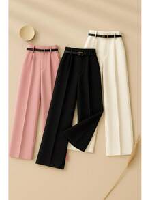 Set Of Three Elegant Tailored Pants With A Thin Belt And Metal Buckle. It Features A Structured Fit And No Side Zipper, Offering A Modern, Clean, And Sophisticated Look. - 淡粉紅色,黑色和白色 - 查看 2