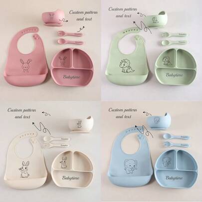 5 pièces Set de vaisselle en silicone personnalisé pour bébé, comprenant un bol avec ventouse, un bavoir, une fourchette et une cuillère. Vaisselle pour enfants pour la maison et la garderie