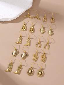 Set de 10 piezas de pendientes de estilo vaquero occidental de metal a la moda, con elementos de sombrero y bota - color dorado antiguo - Ver 6