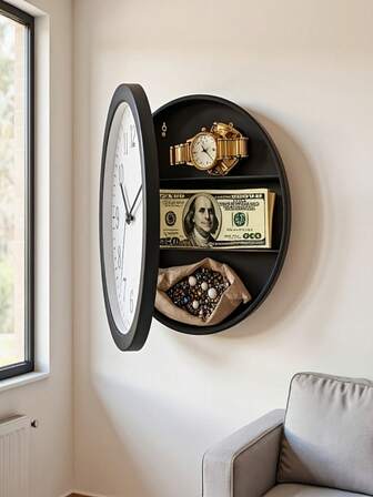 Moneda multifuncional de 10 pulgadas, reloj de pared silencioso con espacio de almacenamiento, su lugar discreto para ocultar dinero, compartimento oculto para objetos de valor, del hogar, diseño misterioso, reloj de pared montado en la pared, cerradura confiable, construcción resistente, compartimento secreto, caja de dinero invisible, para decoración del hogar y coleccionistas (baterías no incluidas)