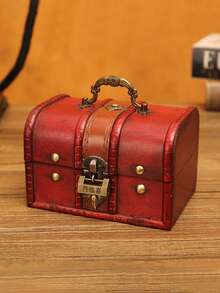 FEILIYA 1pc Vintage Distressed Wooden Jewelry Box Lockable Keepsake Storage Chest With Handle - Multicolor - View 11