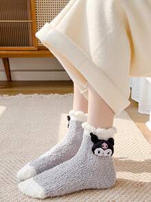 Sanrio 4 Pairs Women's Autumn/Winter Coral Fleece Cute Cartoon Hello Kitty, My Melody, Kuromi, Cinnamoroll Pattern Fashion Warm Comfortable Sleepwear Mid-Calf Socks