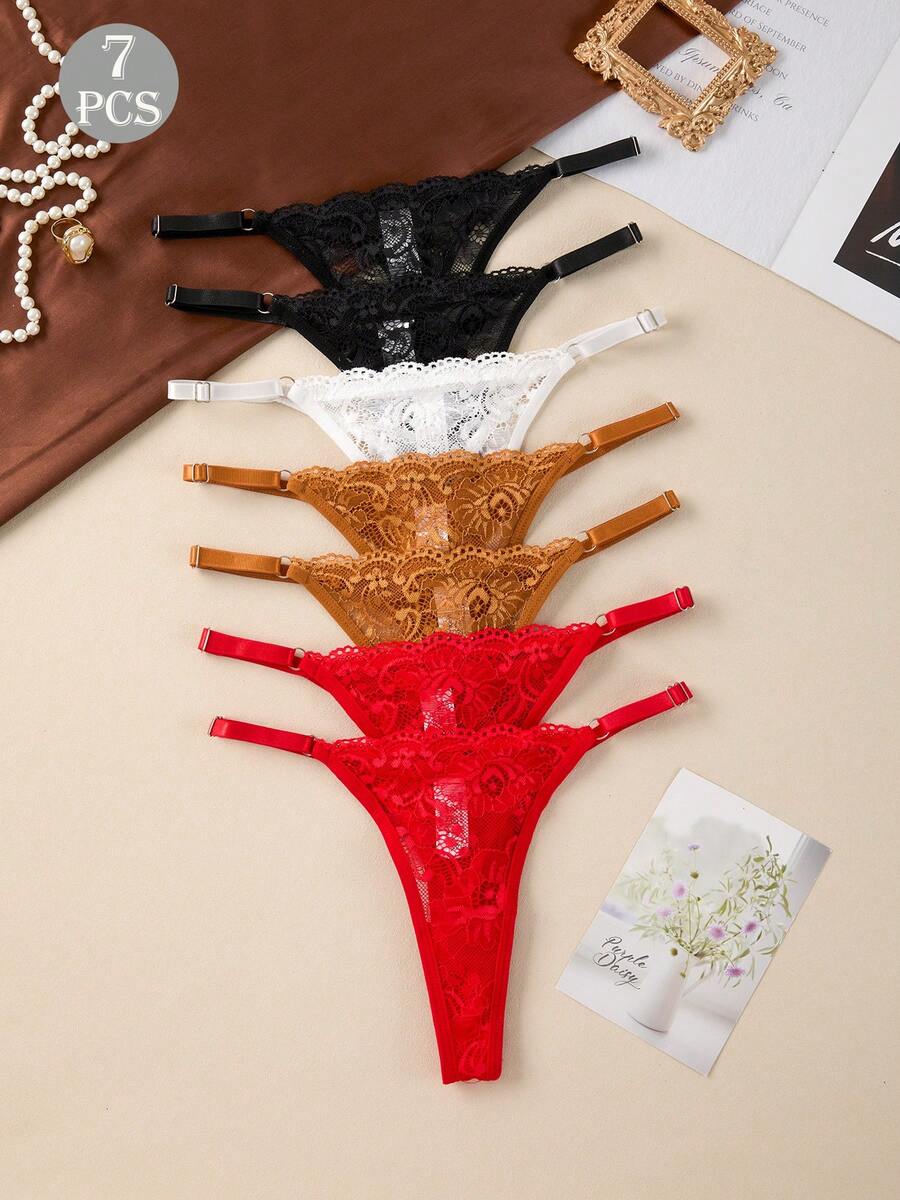 7pcs Lace Floral Sexy Adjustable Detail Women's Thong Panties
