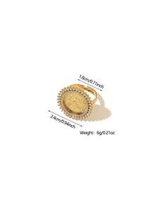 1pc Vintage Copper Alloy Gold Plated Coin Ring With Rhinestones, Suitable For Women's Daily Wear And Holiday Gifts