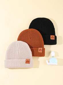 3 件装可爱时尚婴儿推车徽标针织帽适合婴儿女孩男孩适合日常冬季保暖