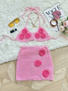 Apperloth A Y3K 3D Flower Summer Beach Outfits Two Pieces Set Women Hollow Out Semi-Sheer Tie Back Knitted Crop Halter Tops And Sexy Low Rise Bodycon Mini Skirt For Island Vacation Solid Color Bikini Sets