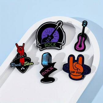 5pcs Rock Music Series Brooch Set, Microphone, Guitar Patterns, Retro "Rock" Design - Suitable For Daily Wear Carnival Accessories, Compatible With Backpacks And Hats, Unique Gift For All Seasons, Brooch, Lapel Pin Christmas