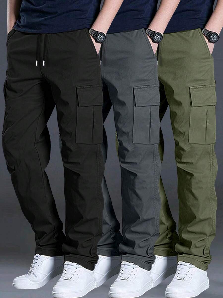 3pcs/Set Spring/Summer Solid Color Multi-Pocket Straight Leg Cargo Pants, Men's Loose Outdoor Commute Casual Long Pants - Dark Grey - View 1