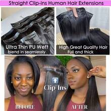 Real Human Hair Clip In Hair Extensions 8Pcs 16inch Clips In Human Hair Extension Striaght 8Pcs Double Weft Thick And Soft Natural Black 100g - Natural Black - 查看 6