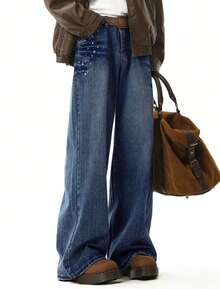 Womens Rivet Wide Leg Jeans Low Rise Baggy Jeans Straight Denim Pants Fall - Xanh đậm - Xem 5