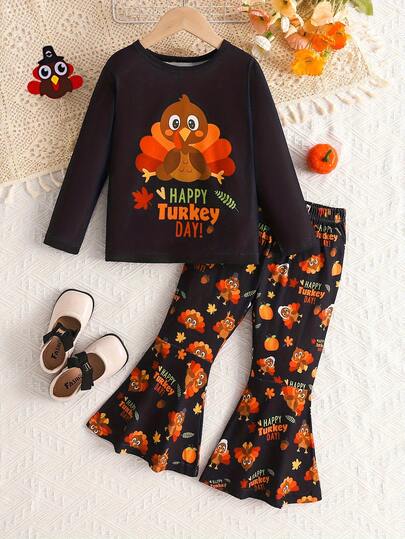 Young Girls' Thanksgiving Turkey Print Long Sleeve Top And Flare Pants Set, Suitable For Holiday Party