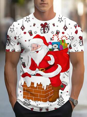 Herren 3D bedrucktes Kurzarm T-Shirt mit Weihnachtsmann Motiv, lässige Feiertagsmode