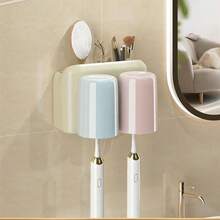 حامل فرشاة الأسنان المثبت على الحائط بدون ثقب مع كأس - منظم حمام لمعجون الأسنان وفرشاة الأسنان موفر للمساحة، شفاف، طقم حامل فرشاة الأسنان