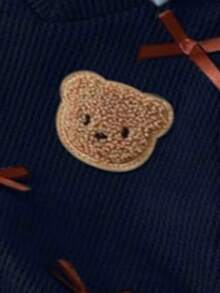 3 件套女婴休闲可爱活泼套装：简约衬衫 + 小熊贴片和蝴蝶结背心 + 百褶裙 - 藏蓝色 - 查看 4