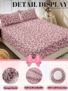 2/3-teiliges Spannbetttuch Set, Bettwäsche, Matratzenschoner, Bettüberwurf, Bettlaken, Heimdekoration, gemütliche Heimtextilien, atmungsaktiver und pillingresistenter Matratzenschoner, weich und hautfreundlich, weiche und bequeme Bettwäsche für das Schlafzimmer, modischer Matratzenbezug, komplett abdeckender Matratzenschoner, rosa Basis mit Leoparden-Muster