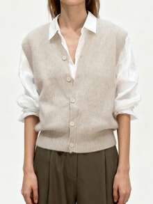 Women's Knit Sweater Vest Fashionable Versatile Solid Color Sleeveless V Neck Button Down Cardigans - Light Grey - View 7