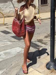 Cream Asymmetric Crochet Crop Top | Sheer Beach Cover Up For Pool & Vacation Looks - Apricot - View 7