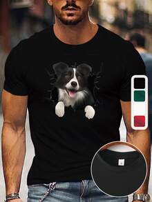 [Casual Soft Stretch Round Neck Tee] Men's Casual Cute Pet Print T-Shirt - Soft Stretch Fabric, Round Neck, Short Sleeve - Perfect For Summer Outings - Black - View 3