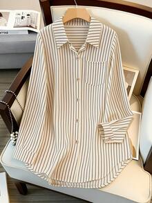 Women's Long Sleeve Single-Breasted Casual Loose Striped Long Shirt Spring - Apricot - View 6