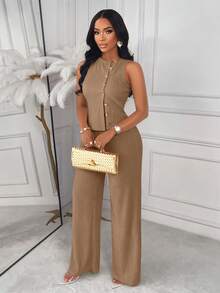 AIJ Top sin mangas a rayas Amarilo y pantalones rectos de 2 piezas, conjunto elegante de negocios casuales, último conjunto de mujer elegante para primavera/verano - marrón claro - Ver 5