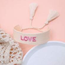 1pc Handmade Embroidered Love Letter Boho Tassel Braided Bracelet - Beige - View 5