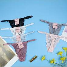 Kit com 5 Calcinhas de Renda Fio Dental com Regulagem Duplo Sensual de Renda Lingerie Feminina - Cores variadas - Multicolorido - Visão 2