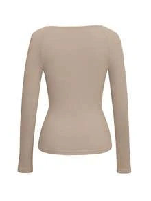Sunny Girl Style Spring Girlfriend's Day Women's Long Sleeve Square Neck Top, Lace Trim Collar, Sweet Casual Minimalist Campus Style - Khaki - View 5