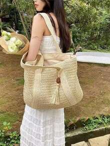 Women's Casual Straw Woven Bag Large Spacious Boho Style Tote Bag Beach Bag Idea - 米色 - 查看 2