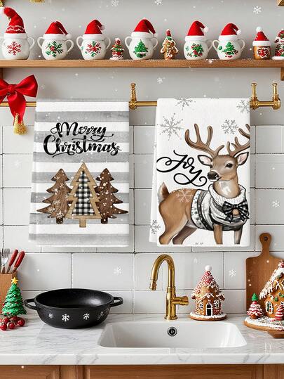 2 Pcs White Merry Christmas Santa Claus Pattern Delicate Snowman Kitchen Towels Farmhouse Farm Decorative Hand Towels Tea Towels Kitchen Drying Dish Cloths Holiday Party Supplies Housewarming Gift Bathroom Hand Towels For Kitchen Dining Table