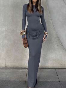 Elegant Fitted Round Neck Solid Color Pleated High Waist Slit Long Sleeve Dress - Grey - View 6