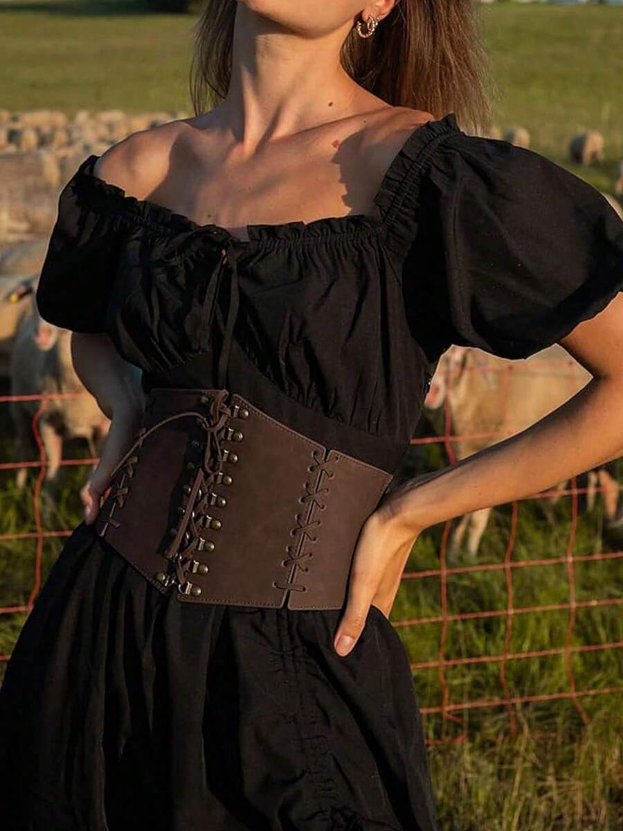 1pc Women's Renaissance Style Brown Artistic Adjustable Wide Waist Sash, Suitable For Halloween Party Or Daily Wear