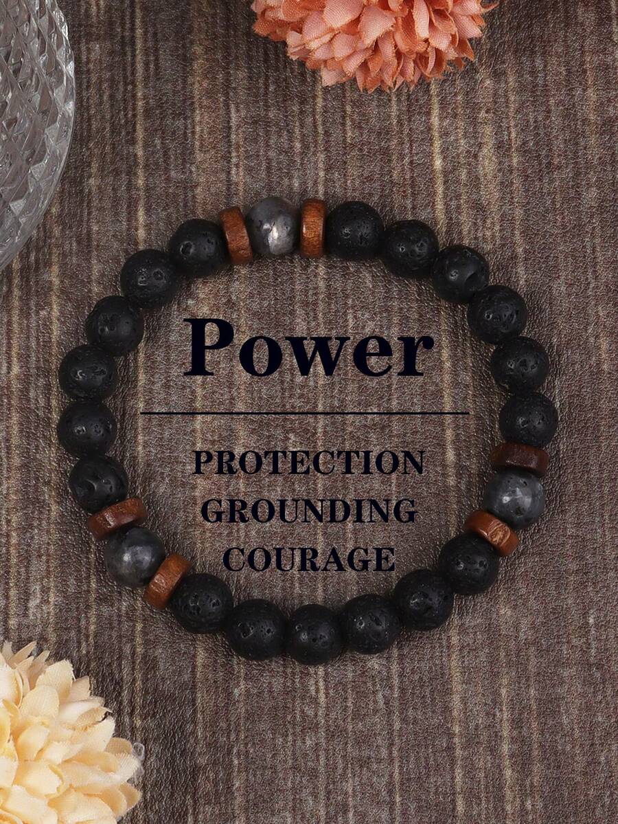 Pulseira de pedra vulcânica para homens, contas de madeira de lava, pulseira de relaxamento, joias para mulheres e homens, presente, pulseiras de energia, joias de meditação - Preto - Ver 1