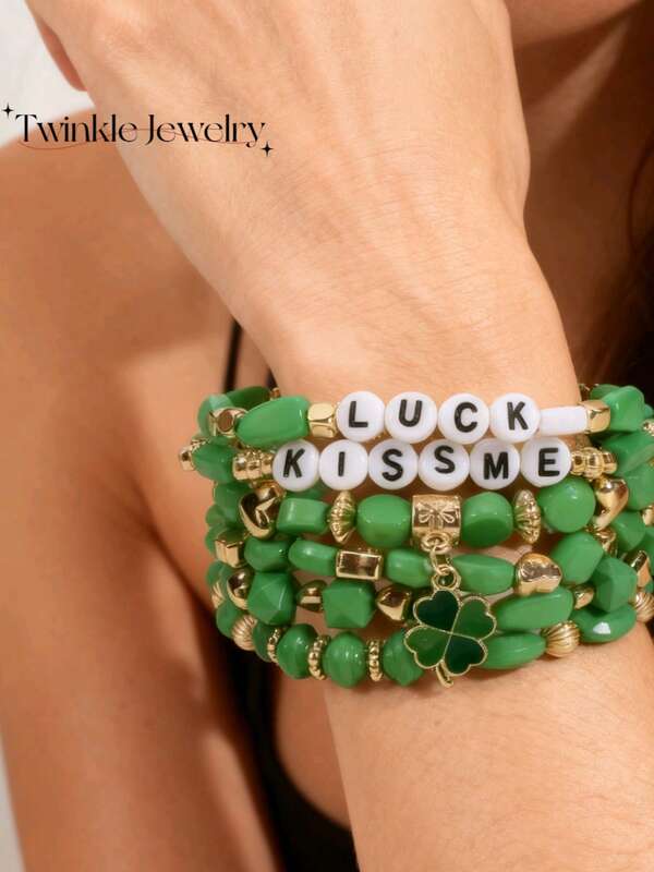 5 Stücke Set, ein beruhigendes grünes Kleeblatt-Armband mit dem Glücksbuchstaben LUCKY, das Ihnen Glück und Überraschungen bringt.