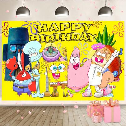 SPONGEBOB *Bob l'éponge* - Toile de fond décorative pour anniversaire. L'arrière-plan est d'un jaune vif, avec les mots accrocheurs "Happy Birthday" en haut. L'image rassemble les personnages classiques de *Bob l'éponge* tels que Bob l'éponge, Patrick Étoile, Squidward Tentacules, M. Krabs, Plankton et Sandy.