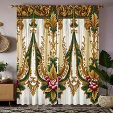 2 buc perdele de lux cu model floral auriu și verde, perdele în stil american, perdele imprimate din fibră de poliester, potrivite pentru camere de zi, perdele lavabile la mașină, perdele cu buzunare la bară