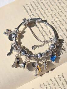Travel Series Charm Bracelet, Vintage Travel Pendant Bracelet, Adjustable Classic Fashion Bracelet With Coffee Suitcase Charm, Gift For Friends - 銀色 - 查看 7