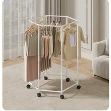 Hexagonal Corner Clothes Hanger Rack With Casters, Black Metal Freestanding Garment Rack (120*74.5*35CM), Multi-Purpose Rolling Clothing Storage For Home & Shop - White - View 2